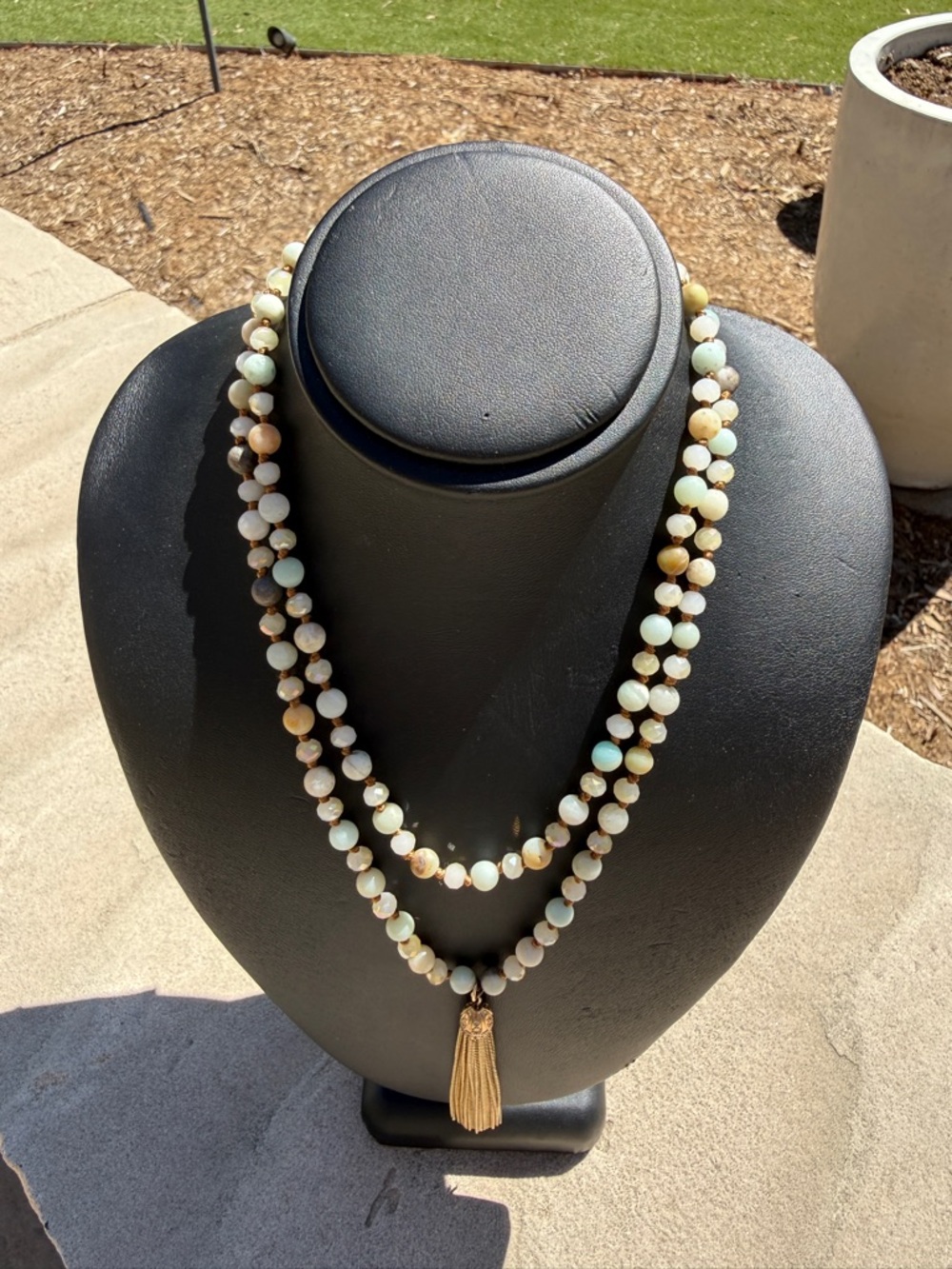 Long Strand Amazonite Beaded Necklace with Gold Tassel